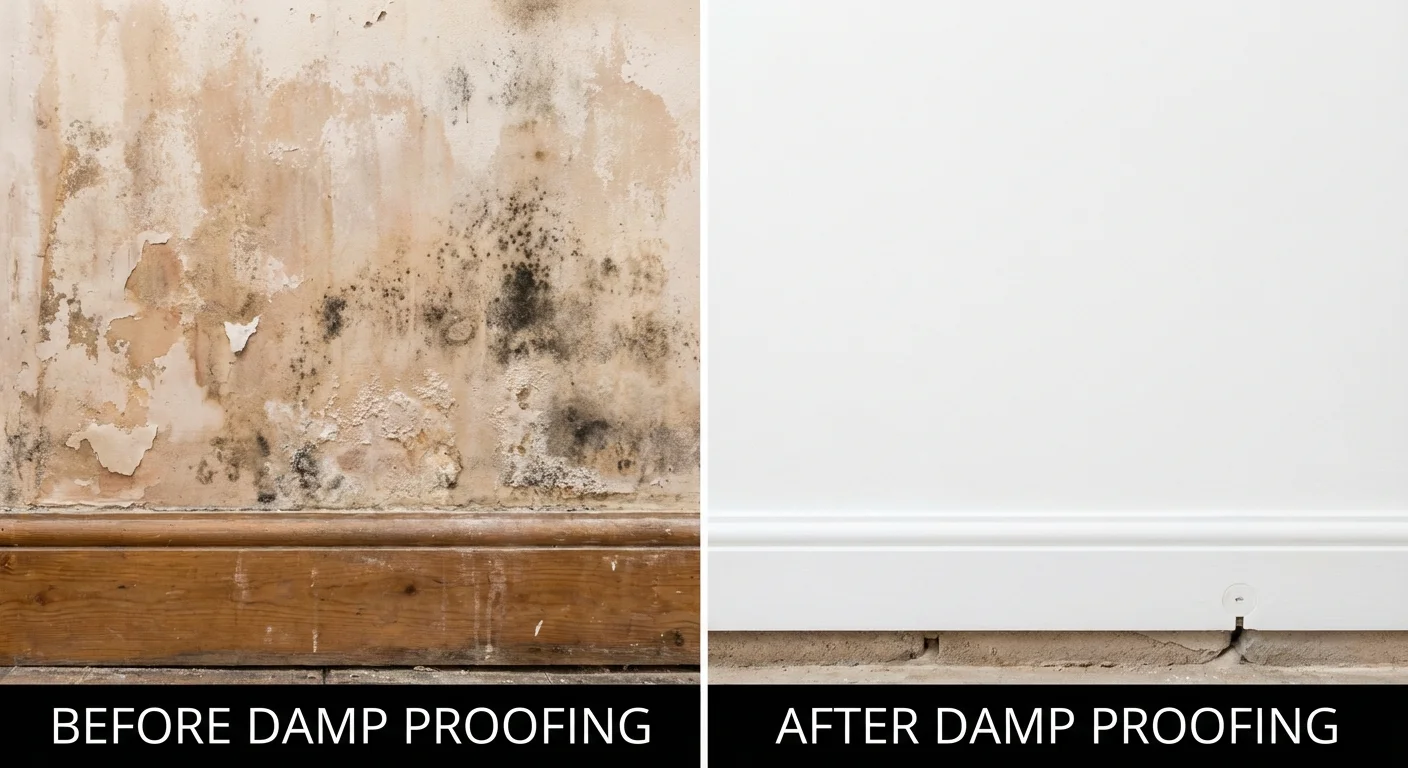 Wall after damp proof course treatment