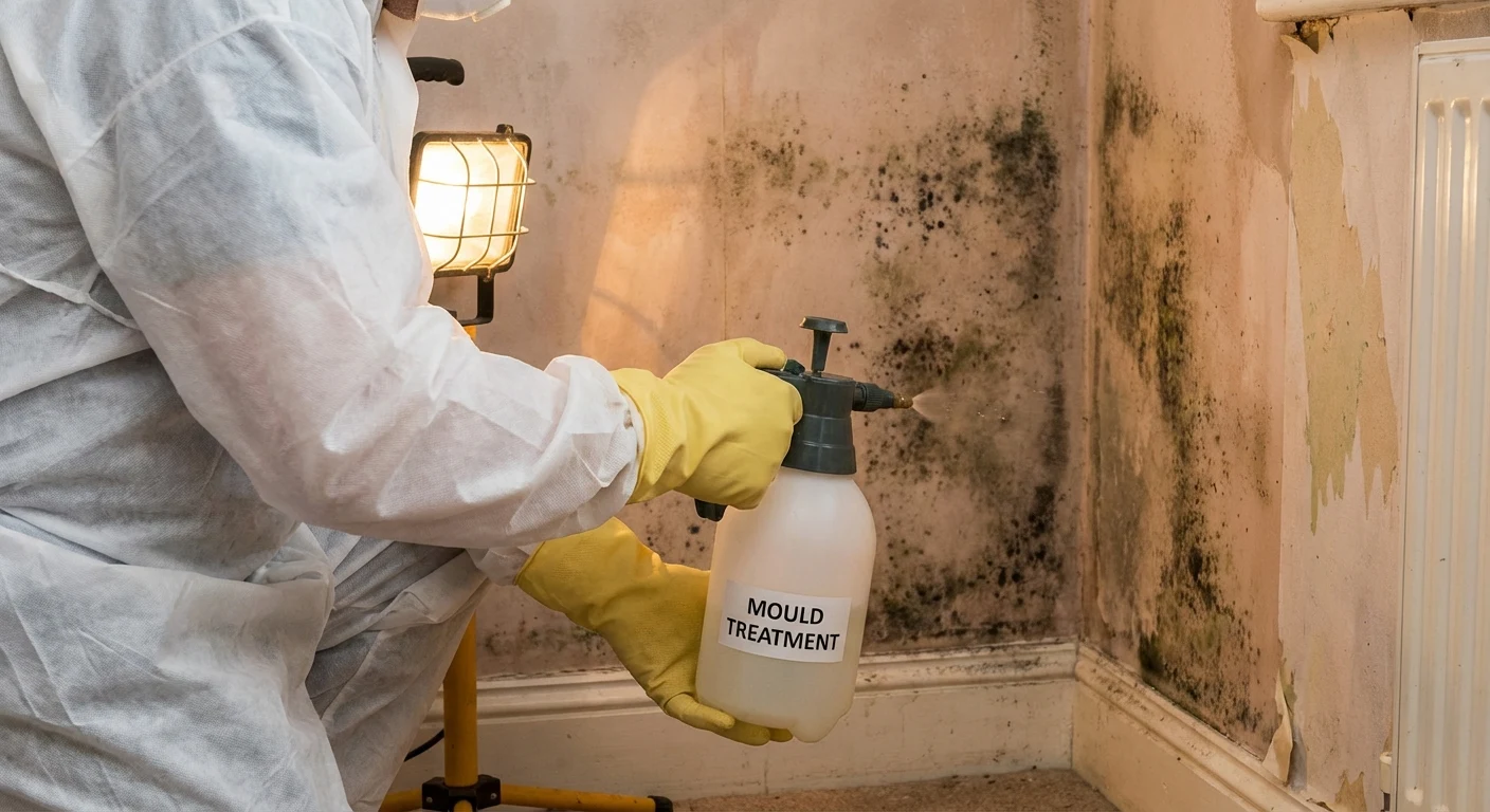 Professional mould treatment being applied to wall with biocide spray