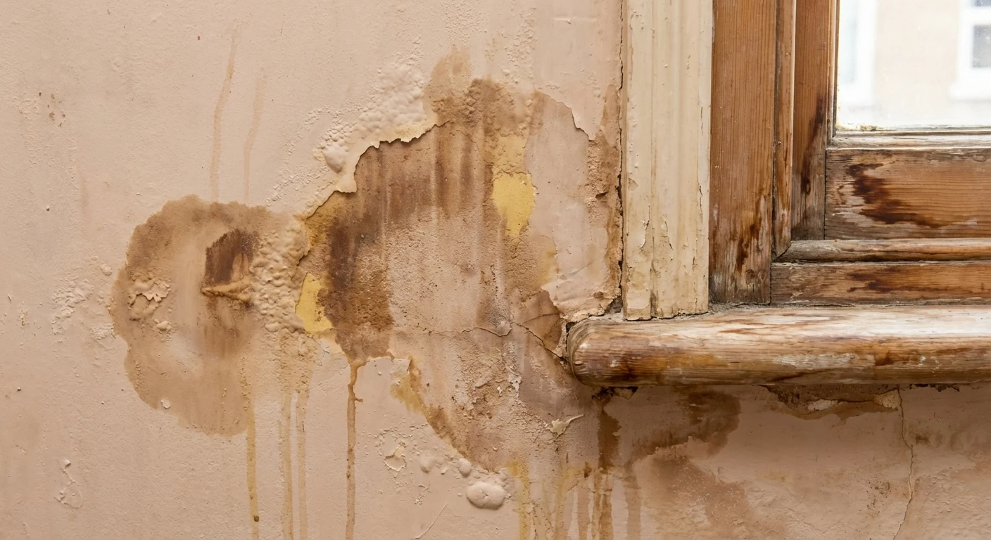 Water stains and penetrating damp spreading from a window frame on an interior wall