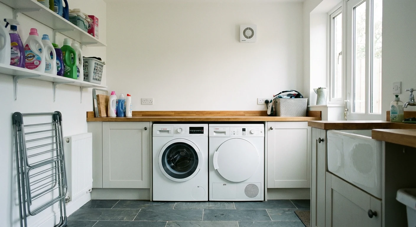 Utility room with washing machine, tumble dryer and extractor fan